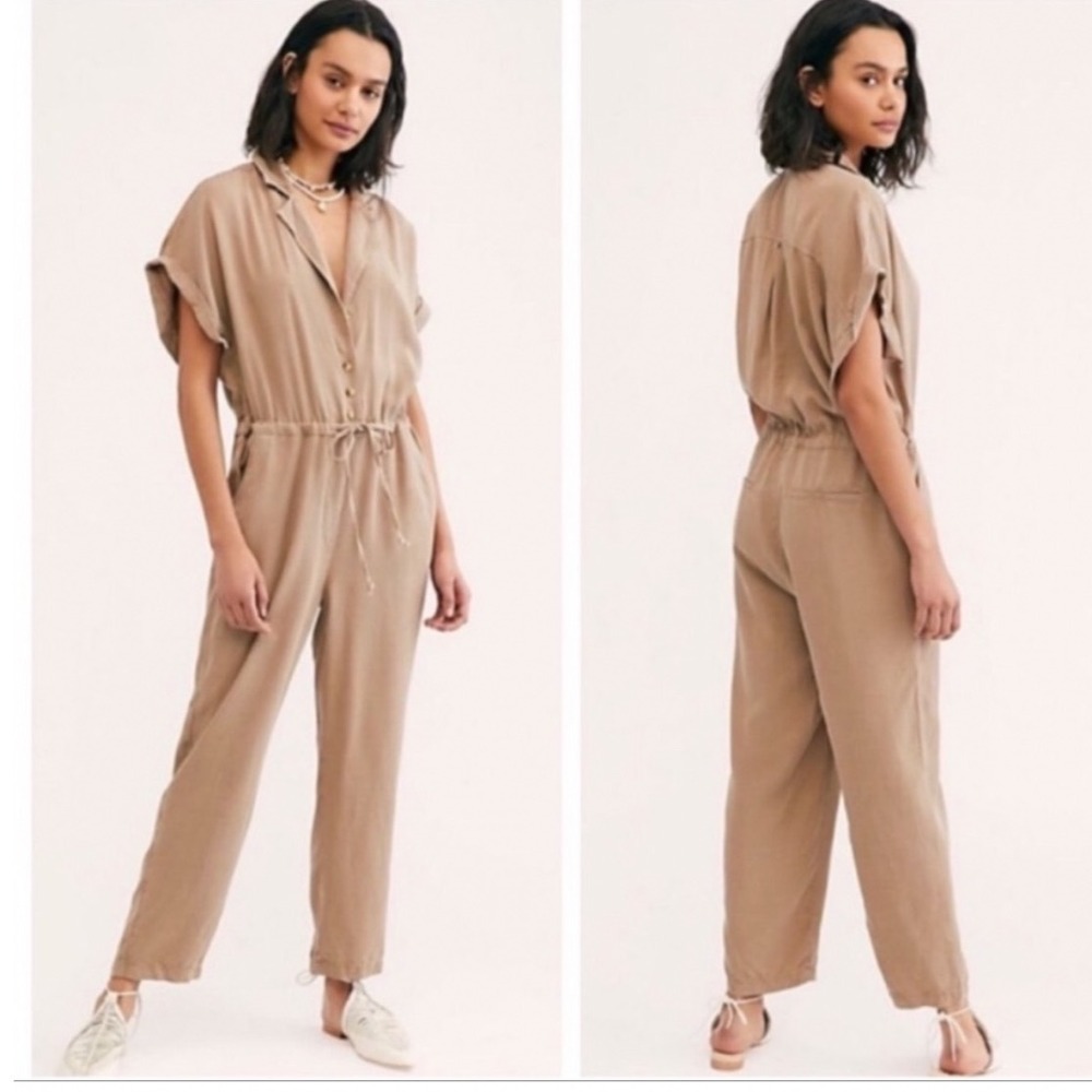 Free People | Woman's Lottie Brown Short Sleeve Drawstring Utility Jumpsuit, S